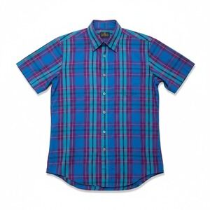 Mark II Blue Purple Plaid Short Sleeve Button Down, Men's Size 15 Shirt
